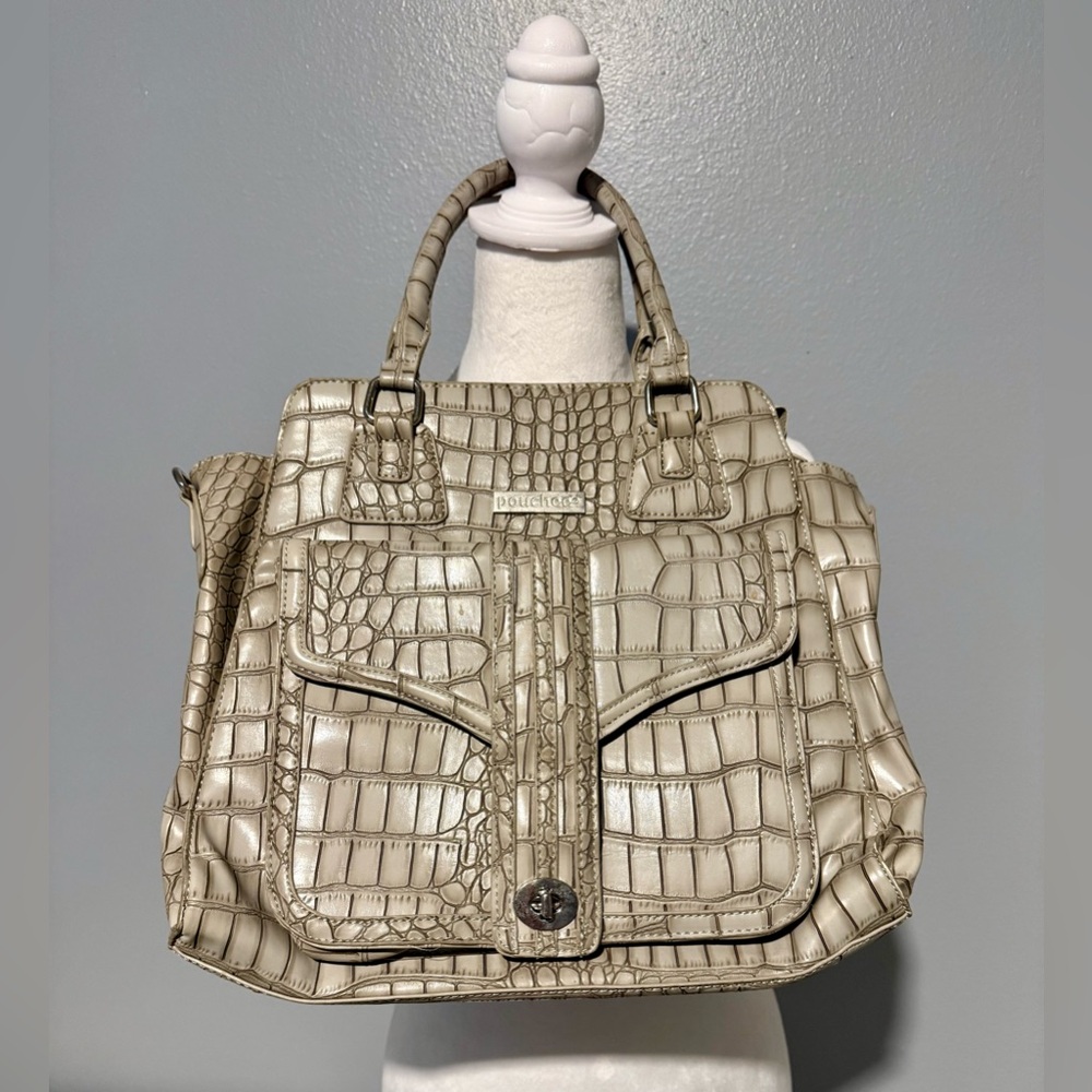 Pouchee Crocodile Embossed Satchel in Beige